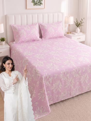 Image of Mafatlal 186 TC Metro Cotton King Size Bedsheet | 108 x 108 Inch | Premium Lightweight Fabric with 2 Pillow Covers | Modern Bedding Set | Mauve Pink