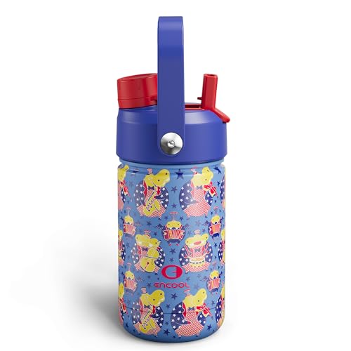 Image of Kids Insualated Water Bottle with Straw,12oz Stainless Steel Water Bottle with Dual Spouts, Leak-Proof,BPA-Free,Double Wall Vacuum Keeps Cold for 24 Hours for Sports,Travel,School (Blue Hippo Parade)