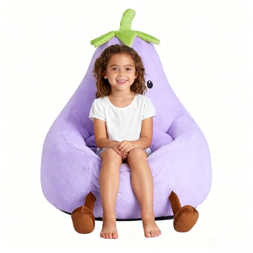 24 Inches Memory Foam Bean Bag Chair - Ultra Soft Faux Rabbit Fur Round Sofa with Handle & Machine Washable Cover, Eggplant-Shaped Kids Reading Chair for Bedroom, Living Room and Playroom, Purple