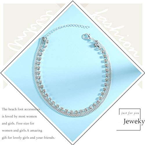 Jeweky Boho Layered Crystal Anklets Silver Rhinestone Ankle Bracelets Chain Beach Foot Jewelry For Women And Girls (A-Silver) #TOP1