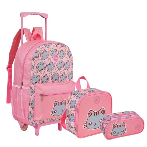 Kit Mochila Escolar Infantil Meninas Gatinha com Lancheira e Estojo (cinza)