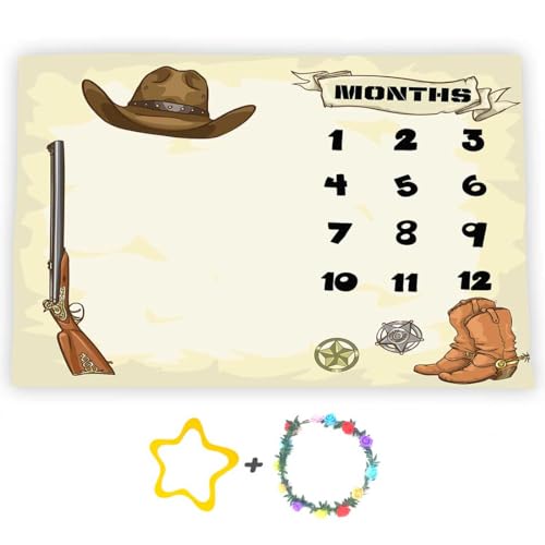 Image of Cowboy Theme Baby Monthly Milestone Blanket, 60x40in Soft Flannel, Gun Boots Hats Nursery Blanket for Newborn Mom Gifts, Baby Shower Age Growth Tracker with Bonus Maker
