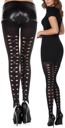 Image of ToBeInStyle Women's Lace Up Back Seam Tights Sheer or Opaque Hosiery Stockings Crisscross Lace Ribbon Zigzag Design