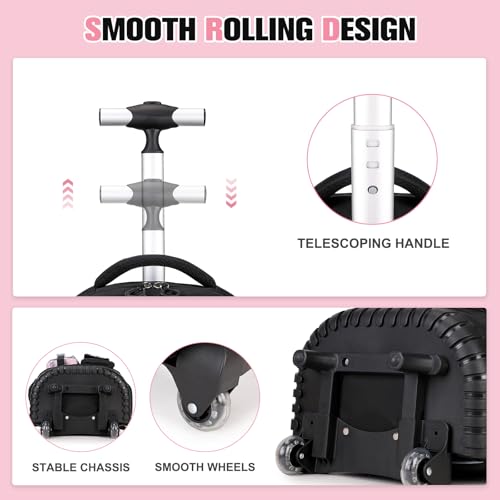 Rolling Backpack for Girls - Roller Wheels School Bookbag with Lunch Bag & Pencil Pouch for Teen Girls Kids Wheeled Suitcase Backpacks, Elementary Middle School Travel Daypack (Black)4