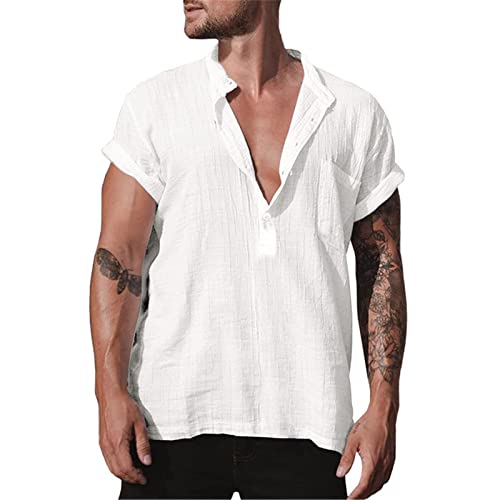 MAOAEAD Camisas casuales de lino de algodón para hombre, camisas de verano con bolsillo de manga corta de lino, cuello en V, camisas guapos para hombres al aire libre Cover