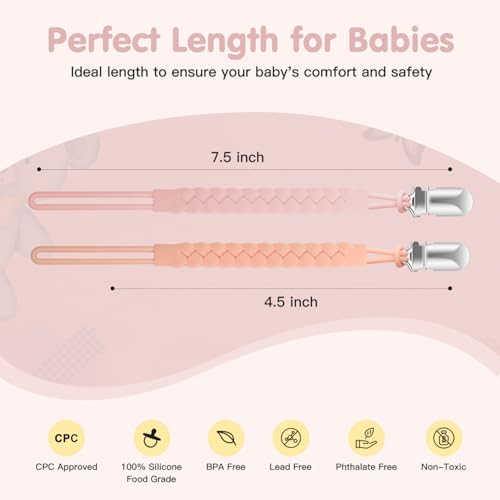 Image of TenderBabe Silicone Pacifier Clip for Baby Girls and Boys, Pack of 6 Soft Flexible Paci Binky Clips with One-Piece Braided-Style Design,BPA-Free Baby Essentials