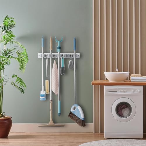 OUTNILI-Mop-and-Broom-Holder-Wall-Mount-White-Broom-Mop-Hanger-Wall-Mounted-Garden-Tool-Rack-Organizer-for-Closet-Garage-Laundry-Room-Kitchen-Decor-With-5-Slots-4-Hooks