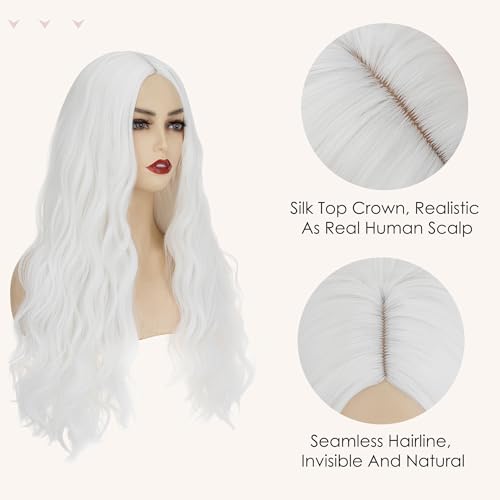 Image of S-noilite White Wig for Women 27 inch Long Curly Wavy Middle Part Wig Seamless Hairline Heat Safe Synthetic Hair Colorful Anime Cosplay Halloween Costume Party Wig