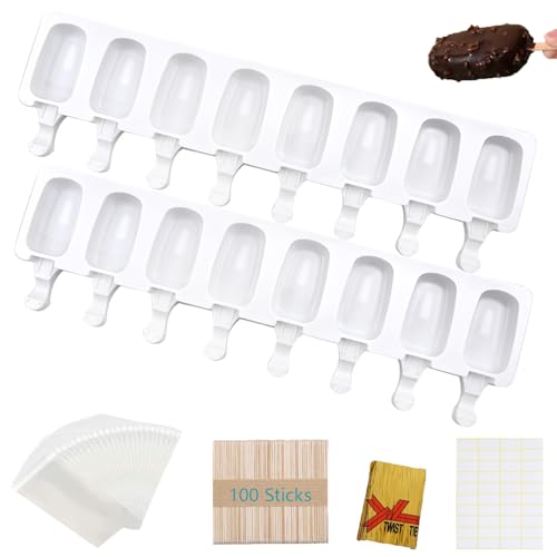 Aicerous® 2 Pcs Moldes Silicona Helados, Moldes Helado, Molde Helados Magnum, sin BPA, con 100 palos de madera, 100 bolsas OPP, 100 tiras embalaje y 100 etiqueta