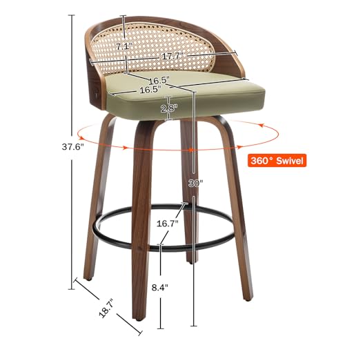 Image of 30 inch Swivel Rattan Bar Stools Set of 3 Mid-Century Modern Faux Leather Upholstered Bar Height Stools Kitchen Island Barstool with Rattan Low Backrest,Walnut Wood Finish Bar Chairs,Green PU