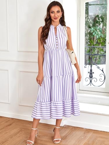 Image of BROVAVE Womens 2026 Summer Sleeveless Shirt Dress Collar Striped V Neck Casual Midi Dresses