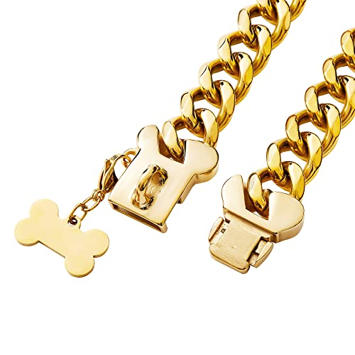 Petoo Gold Edelstahl Cuban Link Heavy Duty Hundehalsband für kleine, mittelgroße und große Hunde, American Bully Französische Bulldogge Halskette Halsband mit Sicherheit