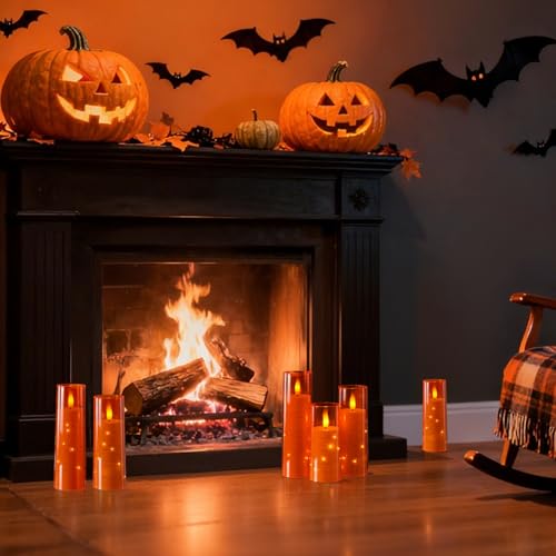 Image of Raycare Flameless Candle with Remote Timer - 5 Flickering Acrylic Battery Operated LED Pillar Candles with Embedded Star String for Halloween, Home Decor, and as a Gift(Orange)