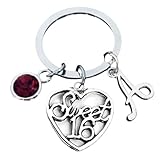 Sweet 16 Keychain with Heart Charm, Birthstone and Personalized Initial Letter – Sixteenth Birthday Gift for Teen Girls, Daughter, Granddaughter or Niece