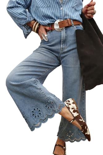 Apvirdy Women's Wide Leg Crop Jeans High Rise Floral Embroidered Strechy Casual Trendy Denim Pants