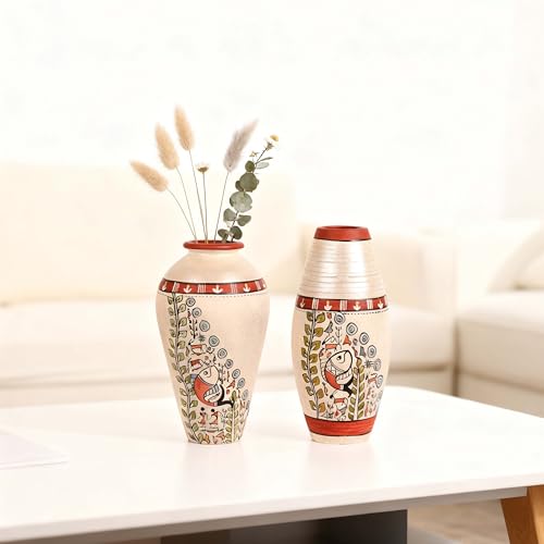 Image of Aakriti Art Creations Vase Earthen White Madhubani Set of 2 | Handmade Matte Finish Terracotta Decorative Vases | Silver Madhubani Art Flower Vase, Planters for Home Decor, Table Decoration Items