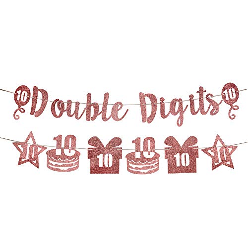 Excelloon Double Digits 10th Birthday Banner Decorations for Girl, Rose Gold Glitter 10 Year Old Happy Birthday Party Supplies, Perfect for Ten Years Birthday Party Decoration Sign