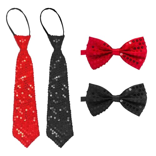 RELKLYU - RELKLYU 2 Cravates À Paillettes Et 2 Nœuds Papillon, Cravate De Décoration De Vêtements, Nœud Papillon De Fête, Accessoires De Spectacle De Scène, Cravate Brillante., Noir, M