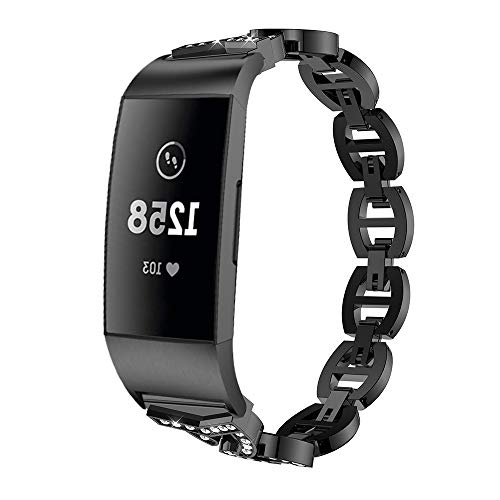 Charge 3 Watch Bands, TechCode Stainless Steel Rhinestone Metal Band Dressy Wristband Bangle Straps Bling Replacement Watch Accessories for Fitbit Charge 3 Fitness Watch (Black)