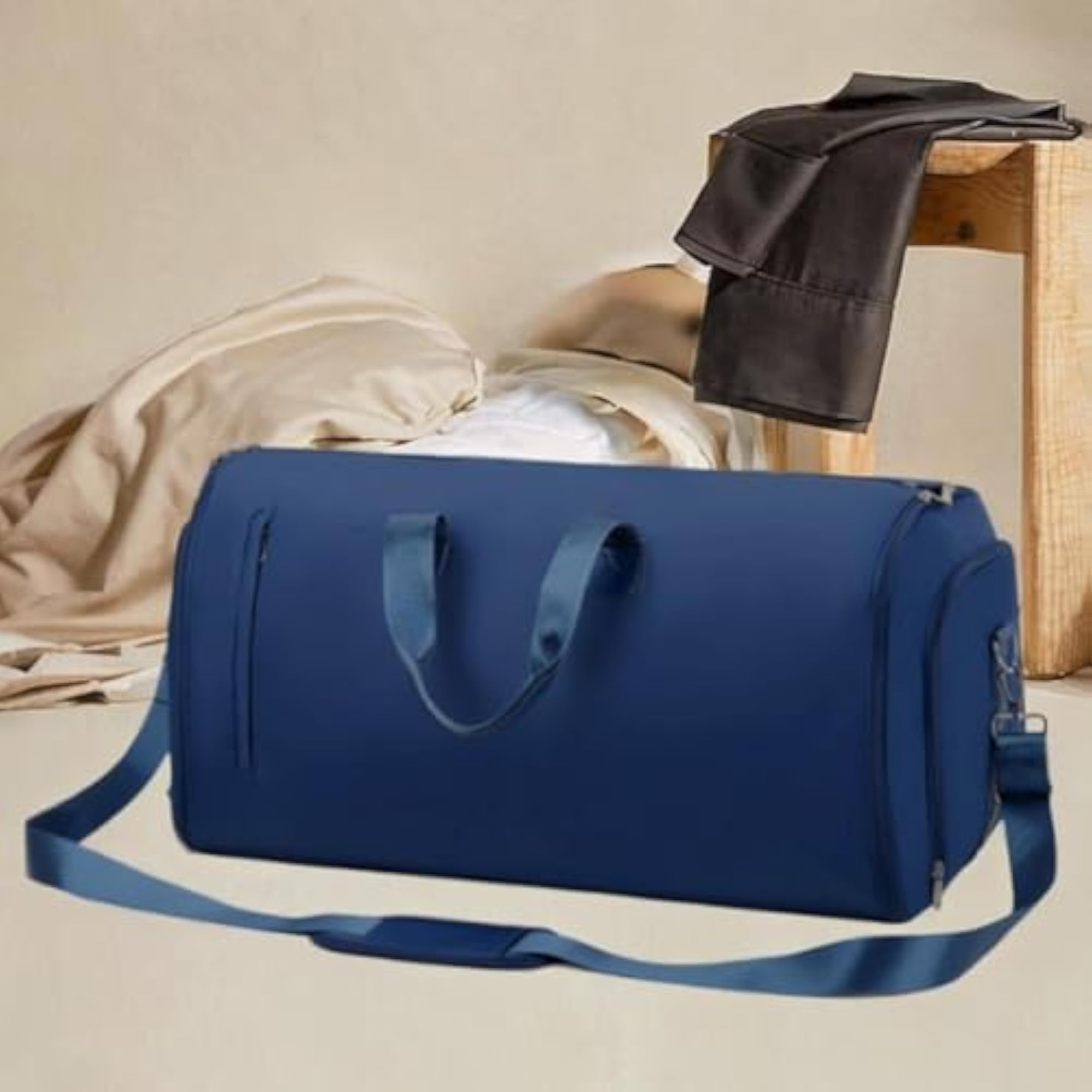 Dark Blue Leather Duffle Bag for Travel and Backpacking