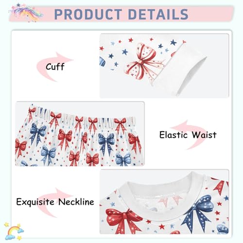 Cartoon Pajamas Set Bow with America Flag Stars Long Sleeve PJs Cotton Jammies Sleepwear Top and Pants Multicolor4