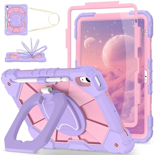 Image of WESOROL Case for iPad (A16) 11th /10th Generation 2025 /2022 with Screen Protector Rotating Stand Pencil Holder iPad Case 10th Generation Shockproof Cover for iPad 11th /10th Gen Cases,Purple Rose