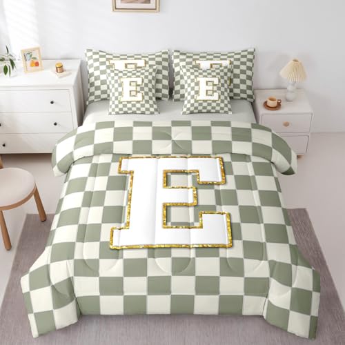 Image of Erosebridal Sage Green Checkered Queen Bed in A Bag 7 Piece Plaid Initial E Comforter Set with Sheets Personalized Monogram Bedding Sets for Kids Adults,Fashion Grids Gingham Bed Set