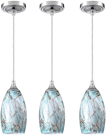 SKY DESIGNER 3 Pack 1 Light Indoor Mini Hanging Kitchen Island Pendant Lamps,Polished Nickel Finish with Handcrafted Art Marble Glass Hanging Light Chandelier Shade for Bar, Dining Room