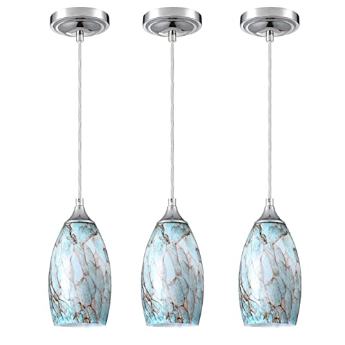 Sky Designer 3 Pack 1 Light Indoor Mini Hanging Kitchen Island Pendant Lamps,Polished Nickel Finish With Handcrafted Art Marble Glass Hanging Light Chandelier Shade For Bar, Dining Room #TOP1