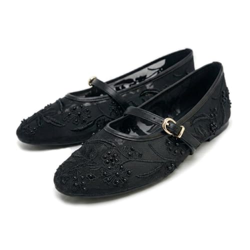 Image of Mesh Ballet Flats for Women Embroidered Floral Mary Jane Flats Round Toe Slip On Ballerina Shoes Comfortable Casual Daily Dress Flat Shoes