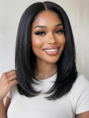 Image of KLAIYI Bye Bye Slip Bob Wig Human Hair Glueless Precut 7x5 HD Lace Front Wigs Drawstring Sleek Straight Pre Plucked Bleached Knots Pre Everything 30S Ready to Wear and Go Wig Beginner Friendly 14Inch