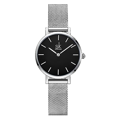 SHENGKE SK Ultra Thin Minialist Mujeres Relojes Simple Dos Manos Señoras Vestido Reloj Correa de Cuero (Silver-Mesh) SHENGKE SK Ultra Thin Minialist Mujeres Relojes Simple Dos Manos Señoras Vestido Reloj Correa de Cuero (Silver-Mesh)