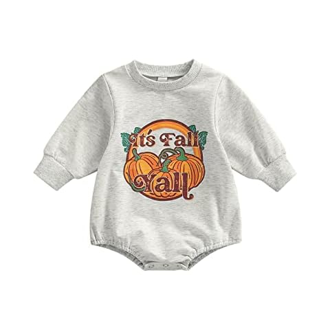 M9ppzzur7 Newborn Baby Girl Boy Halloween Outfits Long Sleeve Crewneck Pumpkin Sweatshirt Romper Oversized Sweater One Piece Fall Clothes (Light Gray Orange, 0-3 Months) Cover