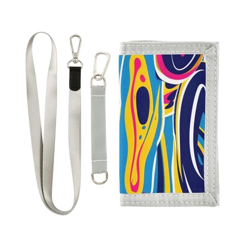 Chroma Striped Pattern Wallet with Lanyard and Zipper - Metal Key Ring and Multi Card Bit,Transparent Compartment Credit Card Holder for Kids, Students