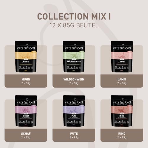 catz finefood Purrrr Collection I - Monoprotein Katzenfutter nass - getreidefrei, zuckerfrei, hypoallergen - hoher Fleischanteil - Multipack Nassfutter für Katzen - im Beutel, 85 g (12er Pack)