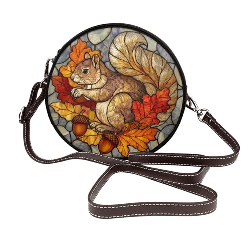 Squirrel With Acorns And Autumn Leaves Women Round Crossbody Bags Leather Sling Bag Purse
