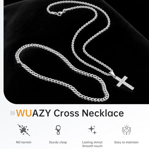 2Pcs Cross Necklace for Men, Cuba Silver Mens Cross Necklaces Stainless Steel Cross Pendant Necklace Simple Jewelry Gifts Cross Chain Necklace for Men3