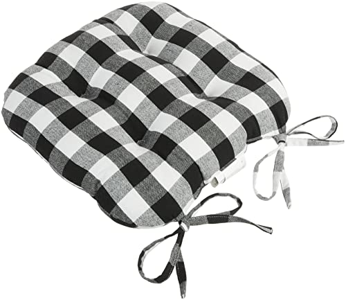 Popular Home Tufted & Extra Thick Cushion Pads Buffalo Plaid Design With Tie Backs Extra Soft Cotton Material Chair Pads, 4 Count, Size 17" X 17", Black Seat Cushion Pad #TOP1