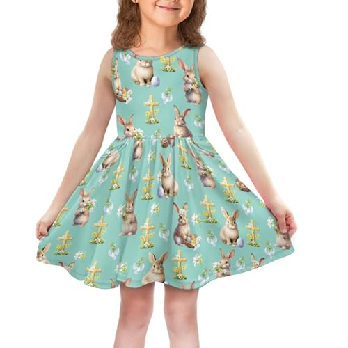 Girls Easter Eggs Hunt Bunny Printed Sleeveless Swing Casual A-Line Dress 3-14T