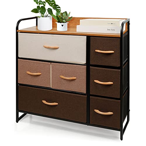 Cómoda con 7 cajones, armario con cajones Highboard de metal, armario multiusos de tela, armario de metal y tela para dormitorio, salón, pasillo, 80 x 29 x 78,5 cm (marrón) Cover