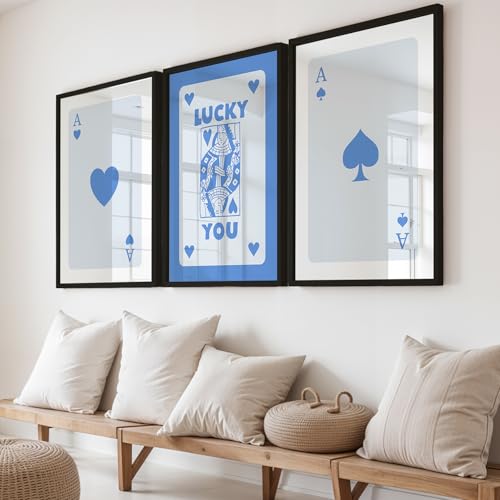 Image of NoWorries Modern Blue Playing Cards Wall Framed Painting Set | Lucky Card Art and Ace of Hearts Prints | Premium 300 GSM Paper Print with Synthetic Wooden Frame | Aesthetic Wall Decor for Hotel, Cafe, Bar, Living Room & Bedroom (Pattern-illustration) (Set of 3) (BLACK, ART-6, 13X19INCHES)