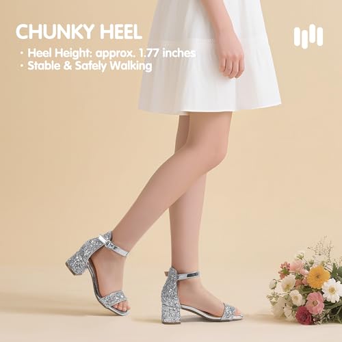 Image of Hehainom Girls Dress Shoes Heels Sandals Little Big Kids Square-Toe Ankle Strap Wedding Party Flower Girls Shoes