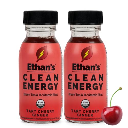 Image of Ethan's Organic Clean Energy Shots Tart Cherry Ginger, 2 Pack of 2oz | 150mg Caffeine | Green Tea, Guayusa, Lion's Mane & Cordyceps | Sugar-Free, Vegan, Gluten-Free, USDA Organic