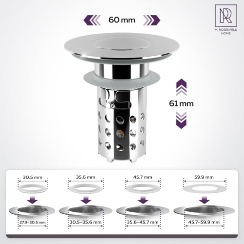 M. ROSENFELD HOME 3-in-1 Waschbeckenstöpsel mit Sieb Pop-Up Abflussstopfen mit sieb für 30–60mm Beckenloch Edelstahl Haarfänger Messingkern, Chrom
