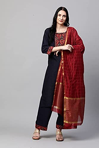 Image of GoSriKi Women's Cotton Straight Kurta with Palazzo & Dupatta (Morning Dark Blue)