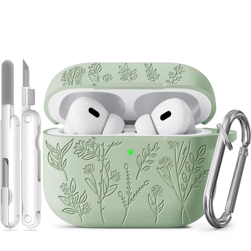 Image of Flower Engraved Case for Apple AirPods Pro 2 Gen with Clean Kit,Soft Silicone Protective Case Cover for AirPod Pro 2nd /1st Generation Keychain,Lanyard,3 Pair Ear Tips,Front LED Visible,Pistachio Green