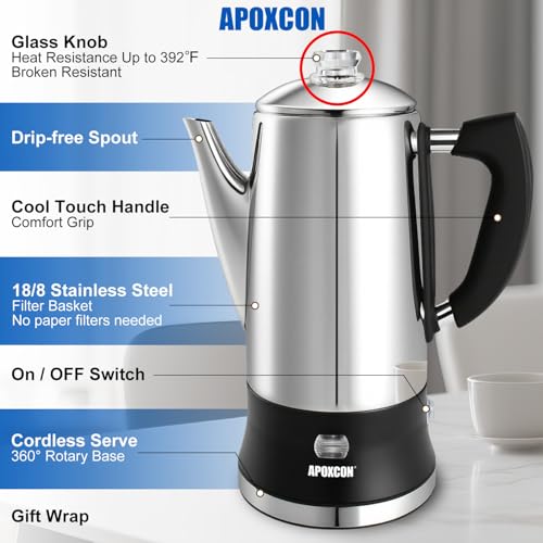 Image of APOXCON Electric Coffee Percolator Stainless Steel Coffee Maker with Clear Brew Progress Tough Glass Knob and On /OFF Switch Classic Coffee Pot with Keep Warm & Cordless Serve No Aluminum (12 Cup)
