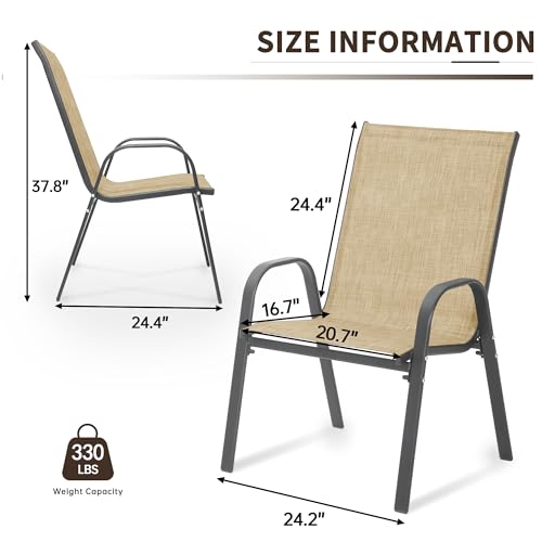Image of PIZZELLO Patio Chairs Set of 4, Outdoor Stackable Dining Chairs for All Weather, Lightweight Textilene Outdoor Chair Sets with Armrests, 330Lbs Capacity, for Backyard Porch Poolside Garden (Khaki)