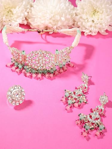 Juego de joyas Kundan chapado en oro para escotes elegantes S 3