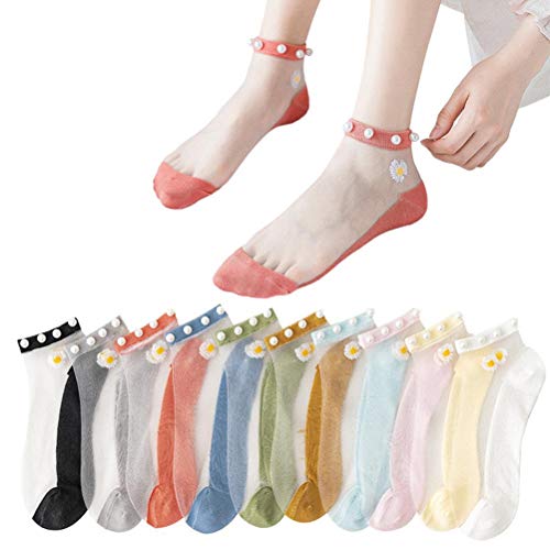 Lubudup Calcetines de algodón para mujer, cómodos, transparentes, puntiagudos, con perlas, adecuados para el verano Cover